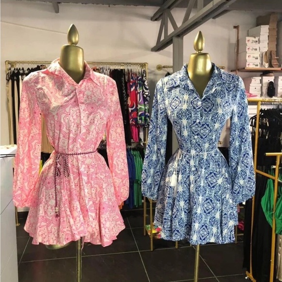 Pink Belted Button Front Long Sleeve Flared Short Dress - Picture 8 of 16